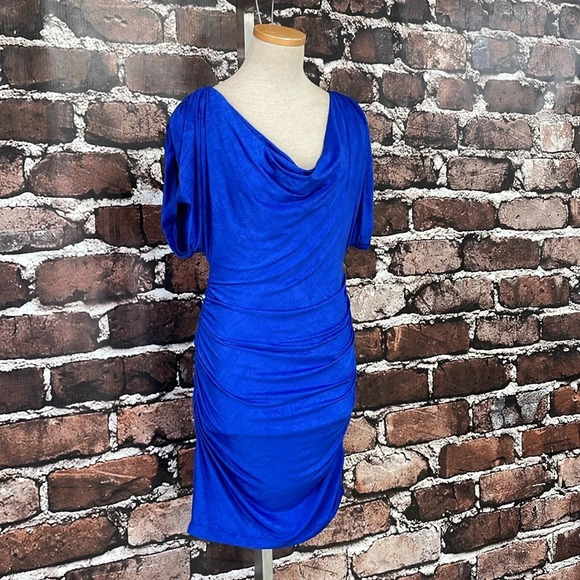 Aidan Maddox Dress Women's 6 Blue Bodycon Short Sleeve Scoop Neck Knee Length - Picture 8 of 17